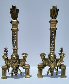 Pair French Dore Bronze Dasson Manner Chenet Andirons 24 X 9 X 19.75 Inches Figural Heads Arrows