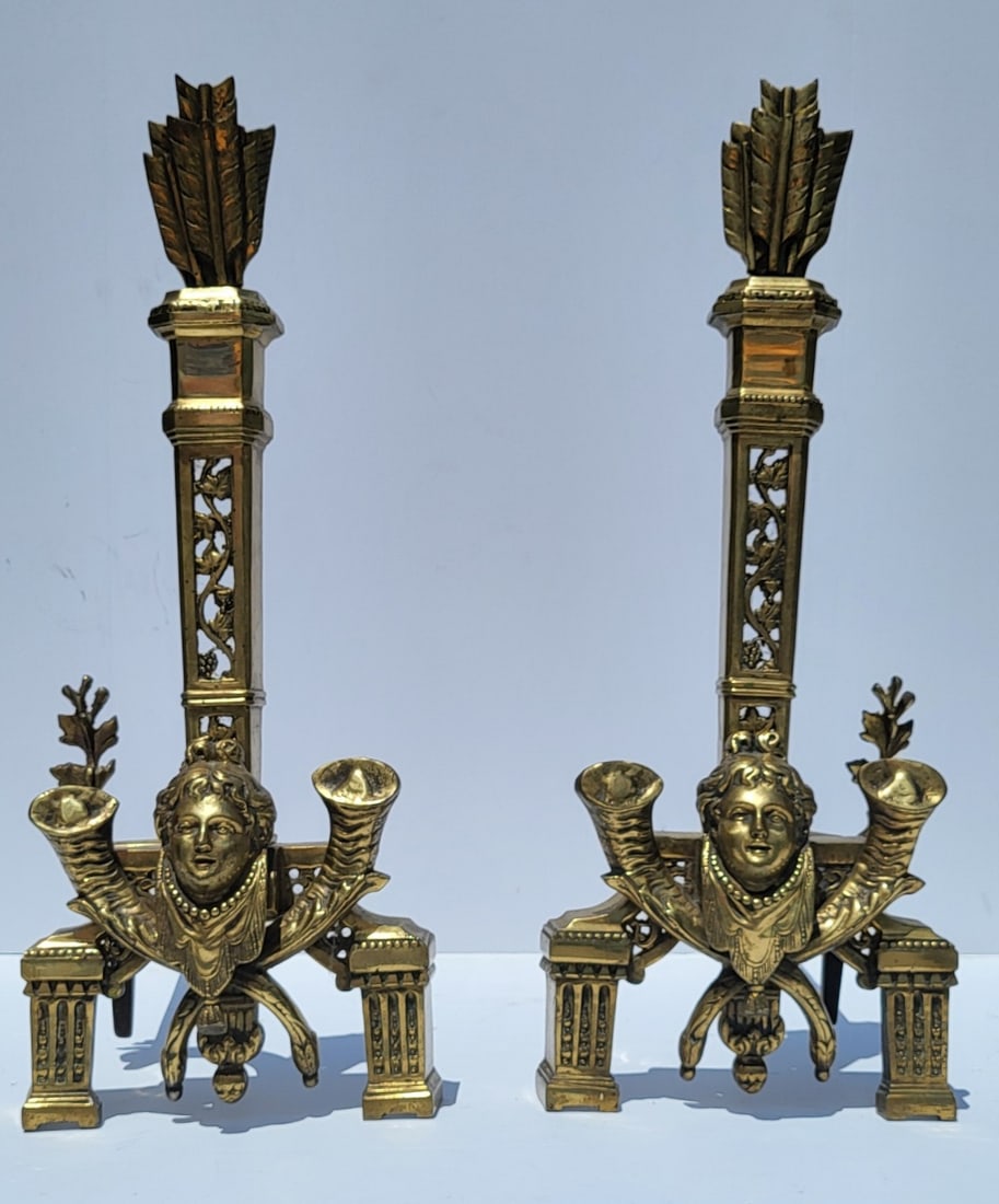 Pair French Dore Bronze Dasson Manner Chenet Andirons 24 X 9 X 19.75 Inches Figural Heads Arrows (1 of 4)