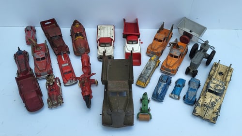 Lot 22 Vintage Antique Cast Iron Tin Etc Transportation Toys Incl Hubley Patrol Motorcycle A