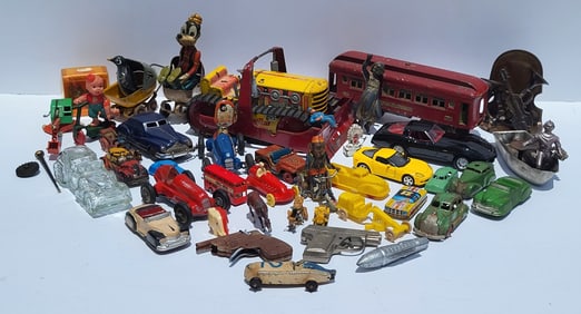 Lot 48 Assorted Vintage Toys Etc Train Tractor Racecars Monkey Goofy Caterpillar Tin Bulldozer
