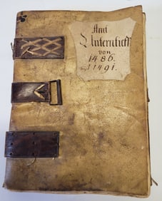 German Dated 1486 Leather Bound Vellum Register Log Manuscript 9in x 7in