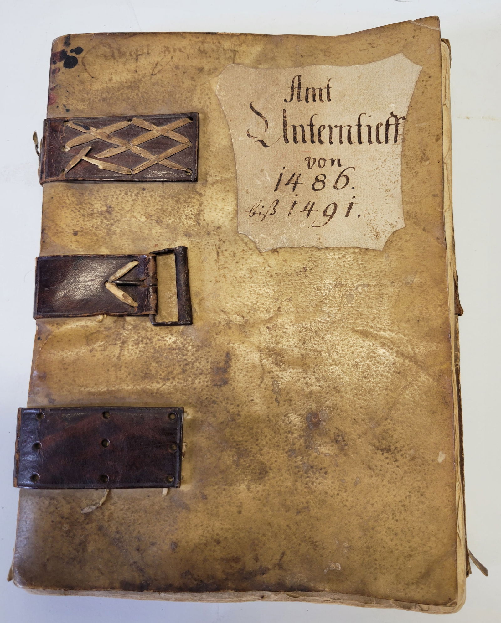 German Dated 1486 Leather Bound Vellum Register Log Manuscript 9in x 7in (1 of 6)