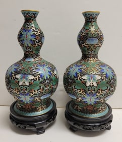 Pair Vintage Chinese Cloisonne Orchid Double Gourd Metal Enamel 7.25 Inch Vases