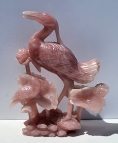 Vintage Chinese Signed Or Inscribed Large 10.5 Inch Rose Quartz Bird Flamingo Floral Grouping Statue