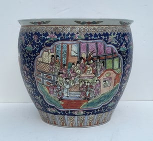 Large Famille Rose Medallion Vintage Chinese Porcelain Enamel 16in Diameter Goldfish Or Koi Bowl
