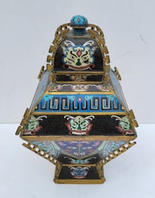 Antique Chinese Cloisonne Bronze Lidded Dragon 11.375 Inch Heavy Urn Vase