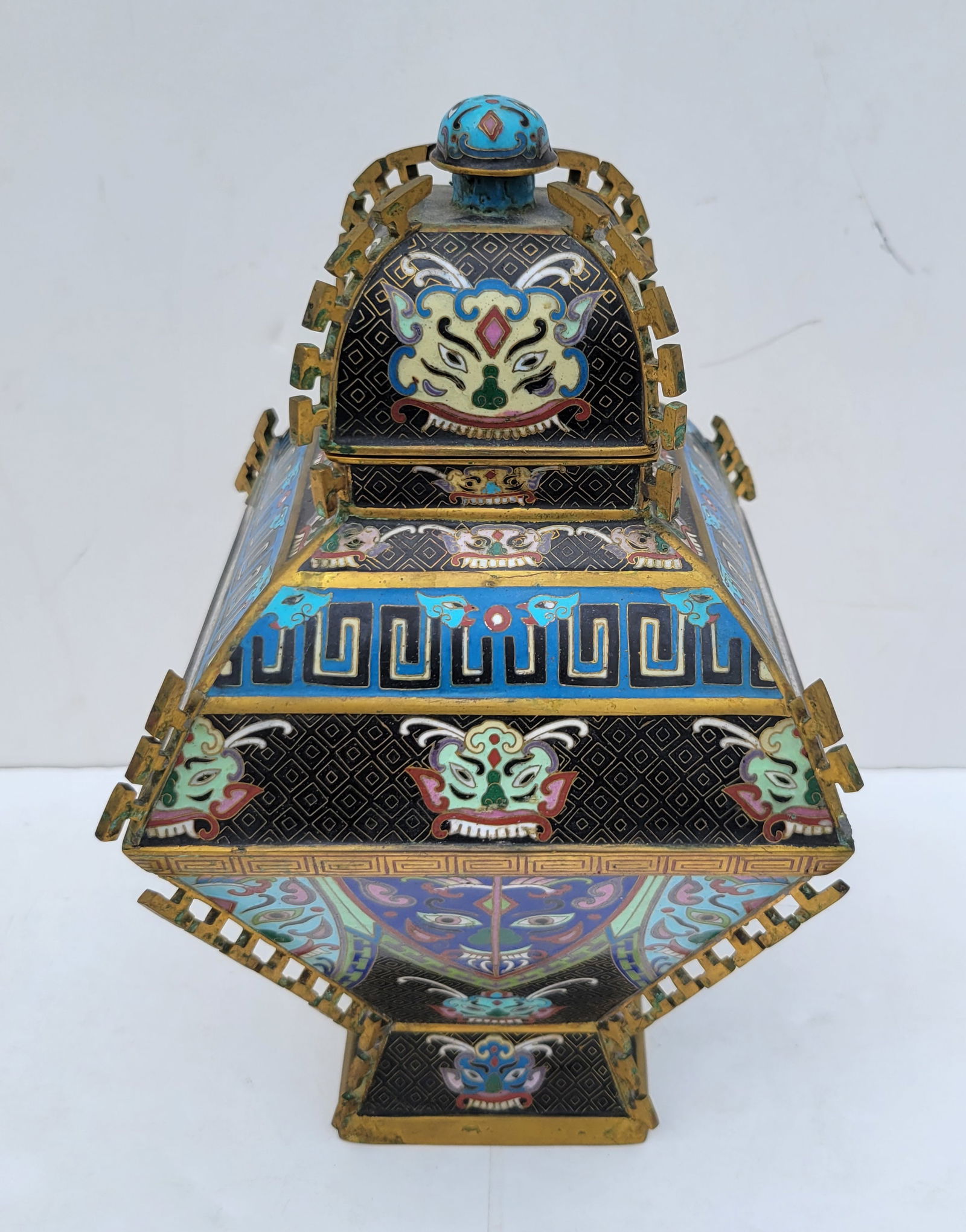 Antique Chinese Cloisonne Bronze Lidded Dragon 11.375 Inch Heavy Urn Vase (1 of 4)