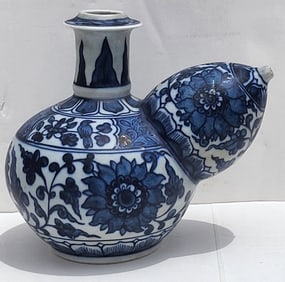 Old Blue White Chinese Vase Bottle Pitcher Kandi Pouring Vessel 7in High Repaired