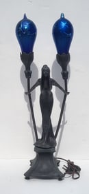 Irenee Rochard Phoenix Studios Art Nouveau Young Woman Two Light Table Lamp Post War Dark