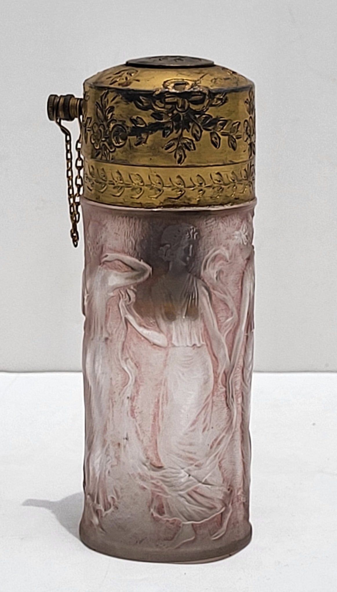 Period R Lalique Pink Hued Standing Female Beauties Perfume Fragrance Atomizer Bottle Semi Nude: Period R Lalique Pink Hued Standing Female Beauties Perfume Fragrance Atomizer Bottle Semi Nude Nymphs. Made in France on side of gilt metal, underside with embossed letters R Lalique and Made in Fran
