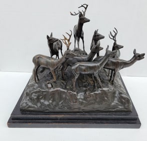 Large Heavy A Sanso 1972 Bronze Herd Of Deer Animalier Statue Sculpture Figure Group 18.75in Wide