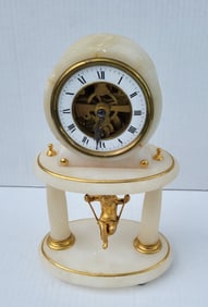 Antique French Neoclassical Alabaster Gilt Mantle Clock Figural Putti Cherub Swing Pendulum Brass