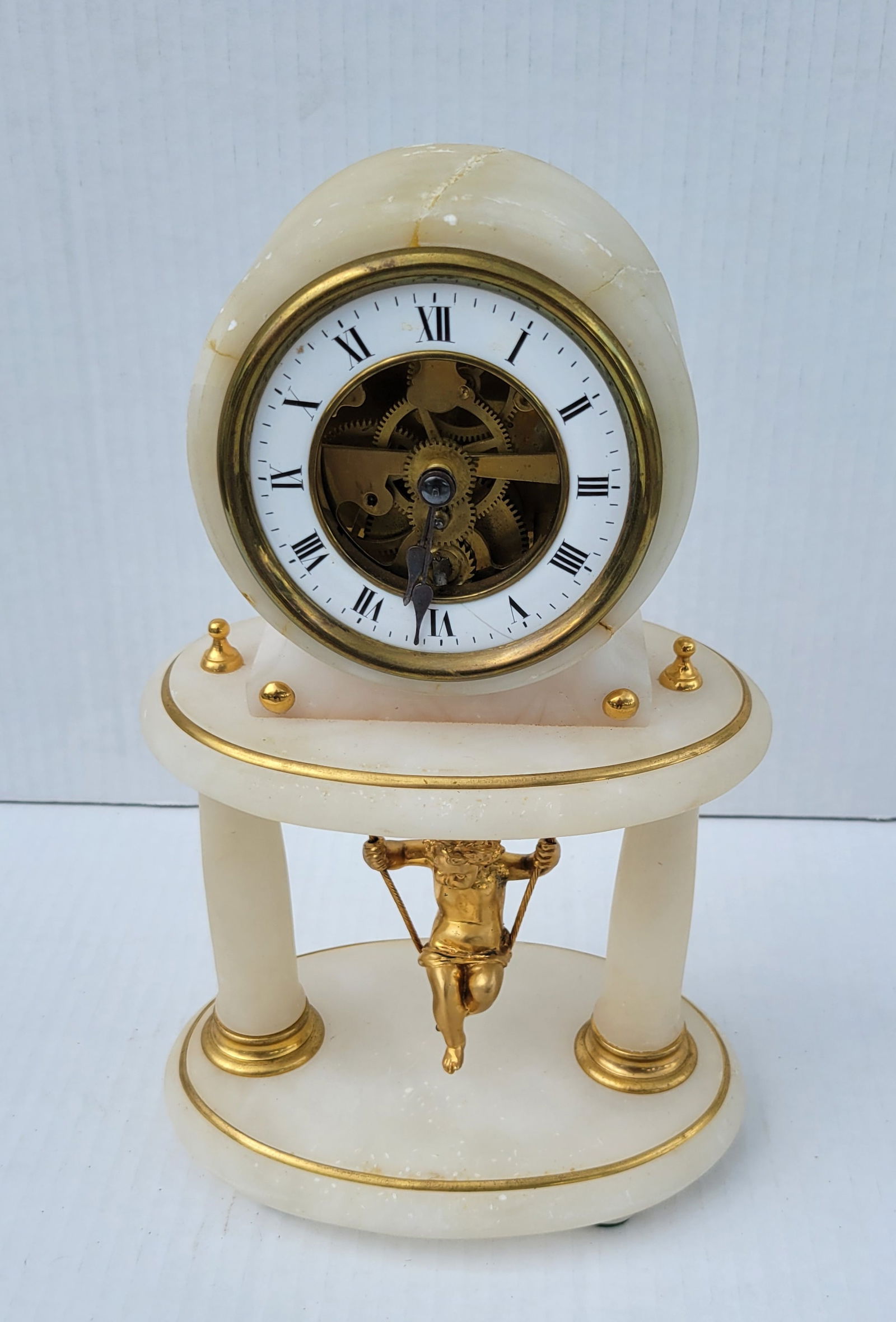 Antique French Neoclassical Alabaster Gilt Mantle Clock Figural Putti Cherub Swing Pendulum Brass (1 of 6)