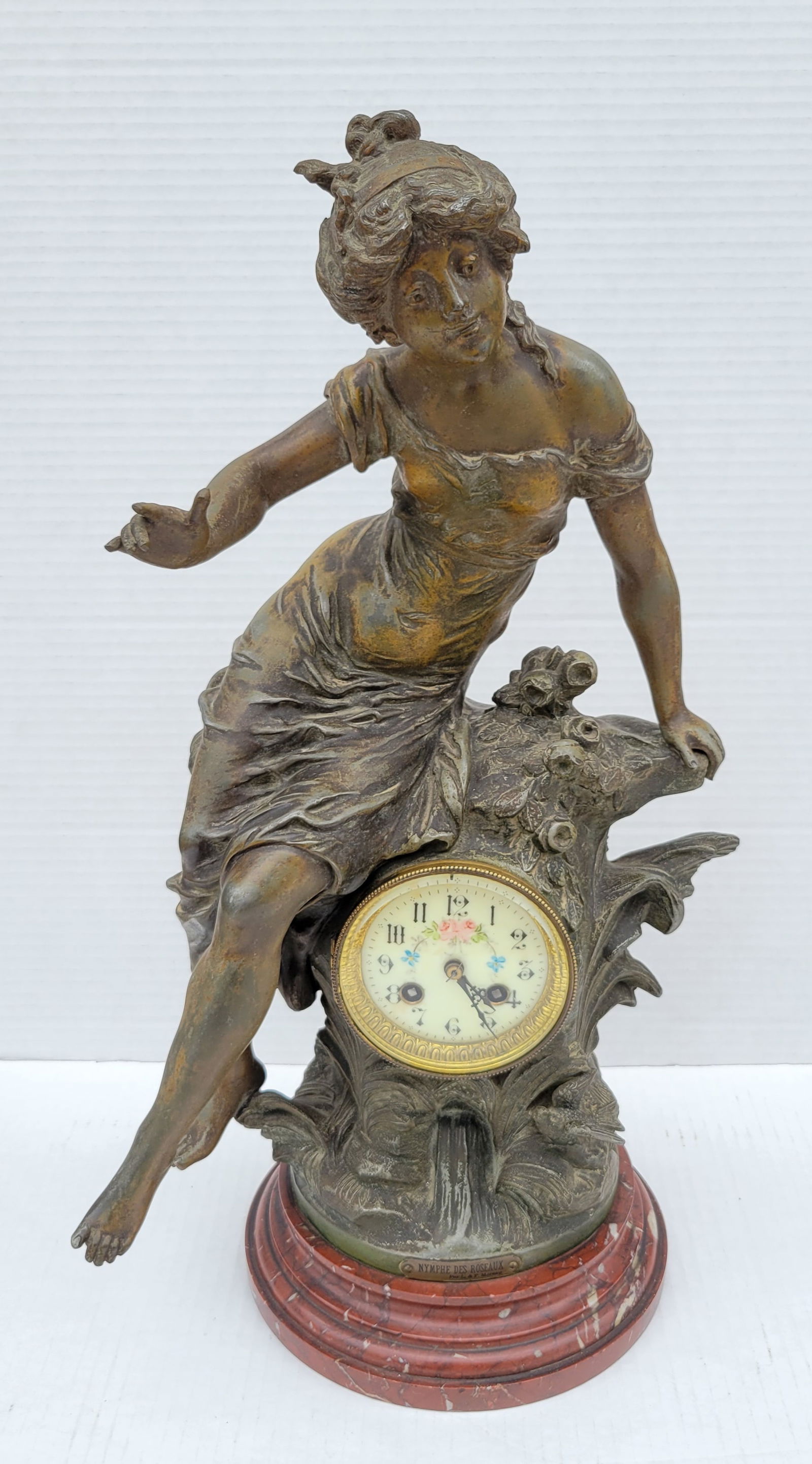 Large Antique Figural French Spelter Nymph Chiming Mantel Clock Red Marble Base Nymphe Des Roseaux (1 of 5)
