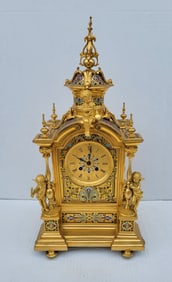 Large Old Gilt Continental Renaissance Revival Champleve Enamel Mantel Clock 20.5inches Figural