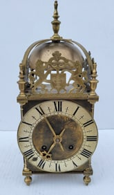 Early English Or Continental 14.75inches Brass Lantern Clock Runs Chimes Lion Unicorn Fleur De Lys