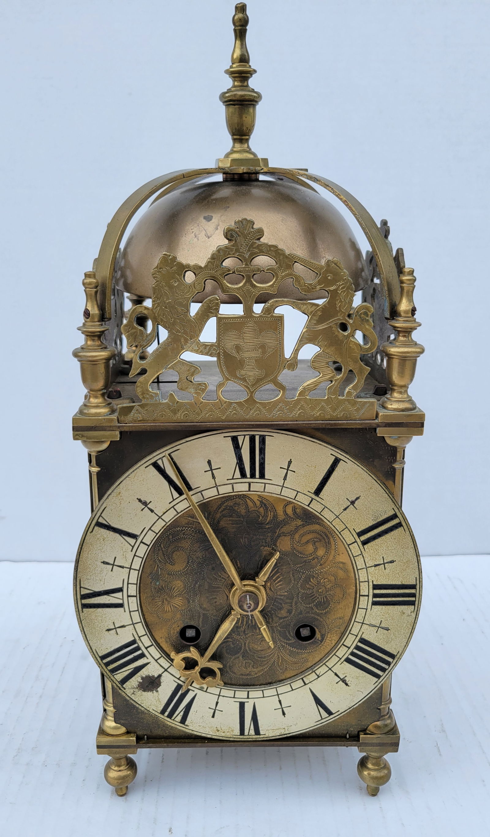 Early English Or Continental 14.75inches Brass Lantern Clock Runs Chimes Lion Unicorn Fleur De Lys (1 of 5)