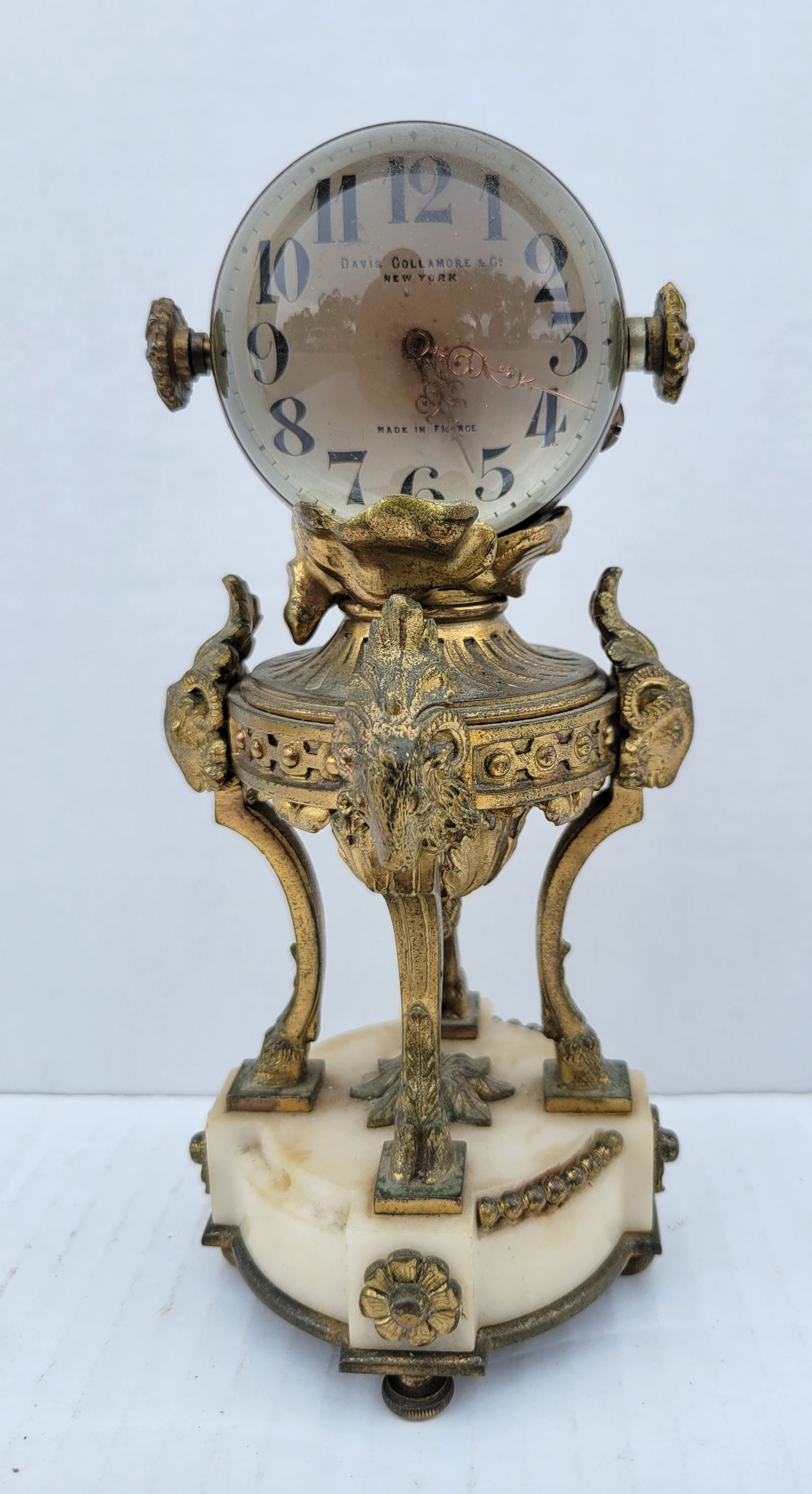 Gilt Bronze Rams Head French 8 Day Ball Pedestal Table Desk Clock Davis Collamore New York Grand (1 of 5)