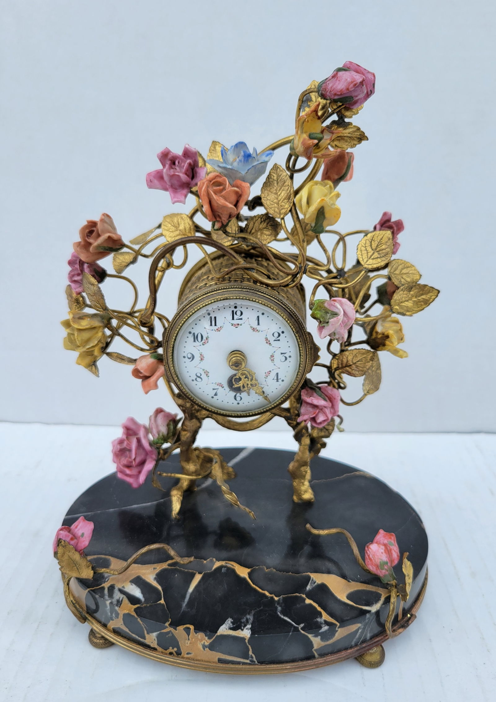 Fine French Or Continental Gilt Enamel Marble Boudoir Mantel Clock HP Dial 9.5in x 7.25in x 5.5in (1 of 7)
