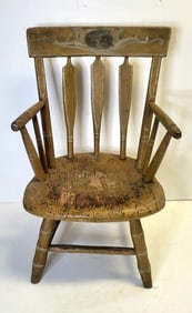 Fine Mustard Paint Childs Scenic Crest Folk Art Arrowback Winsor 22.25in High Chair With Country