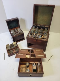 Lot 2 Antique Apothecary Travel Box Sets Bottles Vials Scale Instruments 19c Dove Tailed Pharmacist