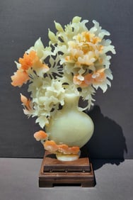 Monumental Chinese White Jade Related Hardstone Vase Form Floral Carving Statue Sculpture 29.5in