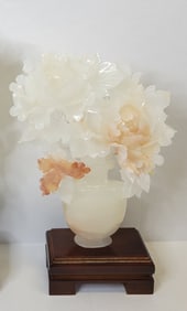 Large Chinese White Jade Related Hardstone Vase Form Floral Carving Statue Sculpture 14.5in