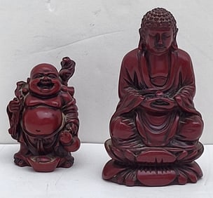 Carved Vintage Resin Buddha Plus Signed Or Inscribed Resin Okimono Figure 4in And 2.5in