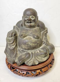 Heavy Bronze Buddha Chinese Japanese Or Asian Light Verdigris Patina With Export Base
