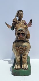 Antique Chinese Circa Late Qing Carved Wood Warrior Polychrome Foo Dog Lion 15 Inch Statue Sculpture