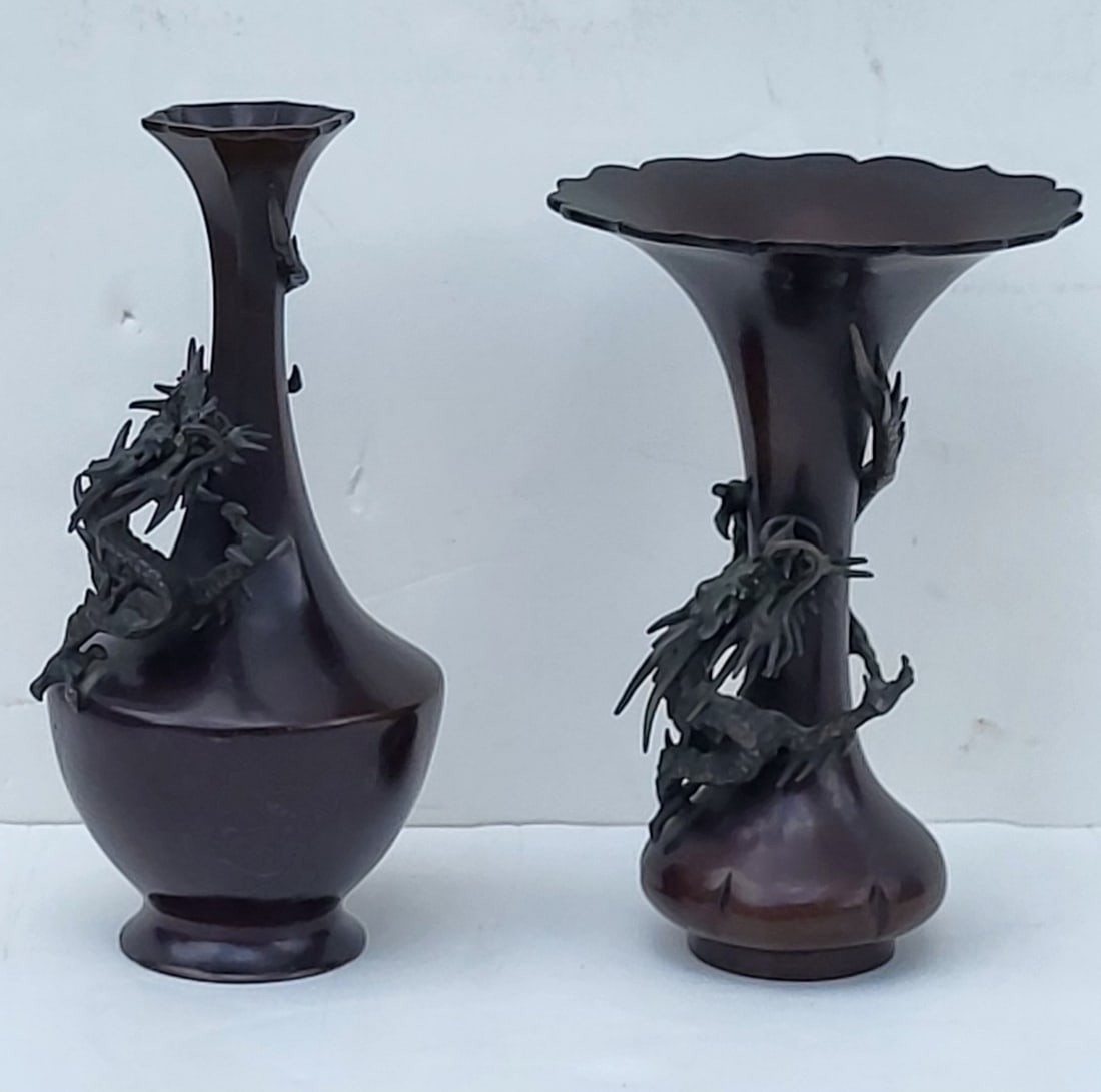 Lot 2 Signed Japanese Meiji Bronze Dragon Figural Pedestal Vases 8.25in And 7.75in High Fully (1 of 6)