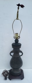 Old Chinese Bronze Vase Lamp Dragon Handles Vintage Koi Goldfish Finial 32in High Overall
