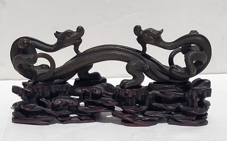 Vintage Or Old Chinese Bronze Double Dragon Statue Sculpture Figure Custom Carved Base 7in Wide