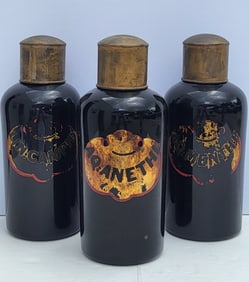 Lot 3 Antique European Black Amethyst Glass Apothecary Jars 12 Inches With Caps Pontil Marks Labels