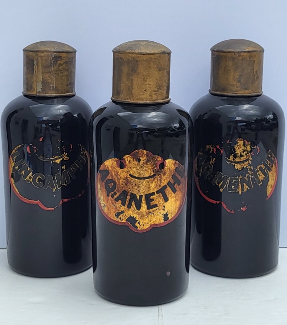 Lot 3 Antique European Black Amethyst Glass Apothecary Jars 12 Inches With Caps Pontil Marks Labels (1 of 3)