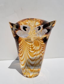 Heavy Signed 7.75 Inch Art Glass Owl With MCM Brutalist Pop Art And Murano Influences Contemporary