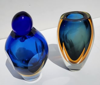 Estate Find 2 Big Heavy MCM To Contemporary Murano Style Or Studio Art Glass Vessels Vase Stoppered