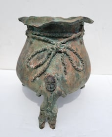 Chinese Old Antique Or Archaic Figural Base Bronze Urn Verdigris Lid Absent