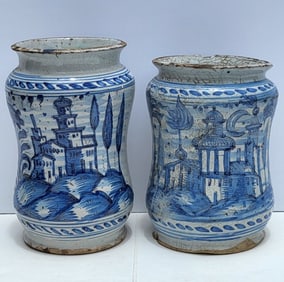 Lot 2 Persian Vases Landscape Buildings Crescent Moon Faience Centuries Old 8.5 And 9.125 Inches