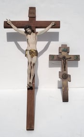 Lot 2 Christian Crucifixes Antique Russian Bronze Enamel 12.375in Golgotha Calvary Skull Bones And