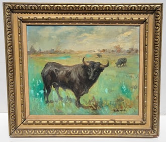 Valverde Impressionist Spanish Ect Landscape Bull Cows Pasture Grazing Vintage 16.1in x 20in Oil