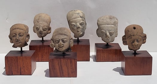 Collection 6 Pre Colombian Pottery Heads Average Height 2.25 Inches Plus Exhibition Stands