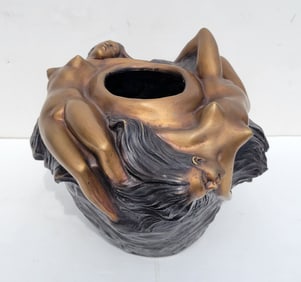 Vintage Signed Bronze Young Female Dore Nudes Vase French Art Nouveau Deco Revival Post WWII 10 x