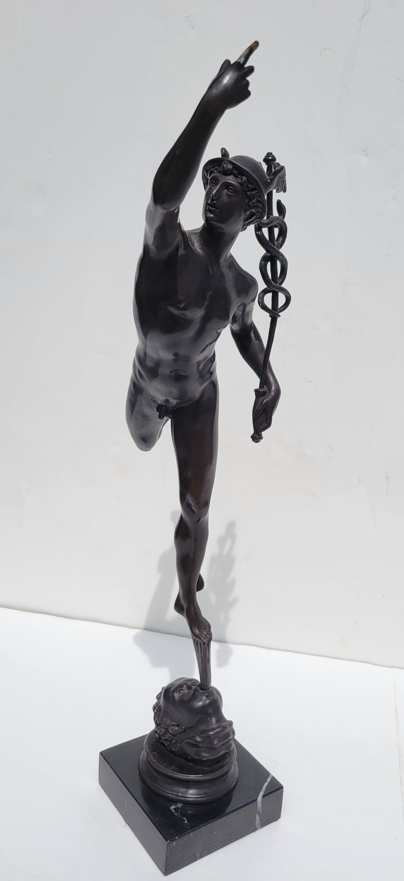 Vintage To Antique 20 Inch Hermes Mercury Caduceus Extensively Inscribed After Giambologna Nude Male: Vintage To Antique 20 Inch Hermes Mercury Caduceus Extensively Inscribed After Giambologna Nude Male Classic Statue Sculpture Figure. Extensively inscribed around the entire top surface of the base il