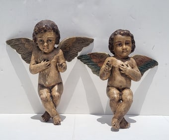 Pair Vintage Carved Polychrome Wooden Angels 11.5 X 10.125 X 6.25 Inches Statue Figure Sculpture