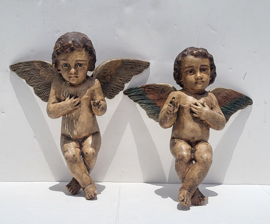 Pair Vintage Carved Polychrome Wooden Angels 11.5 X 10.125 X 6.25 Inches Statue Figure Sculpture (1 of 8)
