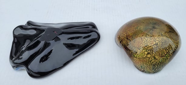 Lot 2 Murano Italian Art Glass Vintage Cigar Ash Trays 6in and 9in Wide Cane Fleck