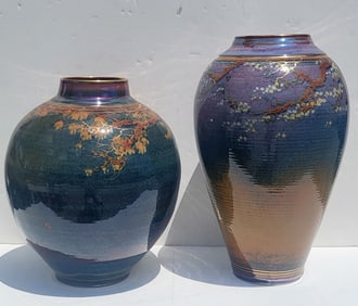 Lot 2 Large Signed Parkers 1989 Studio Pottery Vases Iridescent And Gilt 16 And 19.5 Inches