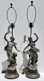 Pair Antique Figural Lamps After Auguste Moreau Male Female Art Nouveau Continental Spelter White