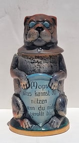 Pre War German Figural Pug Dog Lidded Beer Stein With Motto Stamped Germany 8 Inches